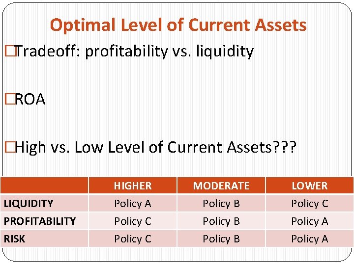 Low Roa's CHAPTER 4 Working Capital Management Chapter Outline Working