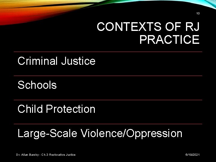 10 CONTEXTS OF RJ PRACTICE Criminal Justice Schools Child Protection Large-Scale Violence/Oppression Dr. Allan