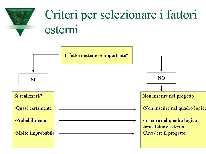 Criteri per selezionare i fattori esterni Il fattore esterno è importante? SI NO Si