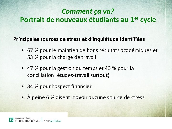 Comment ça va? Portrait de nouveaux étudiants au 1 er cycle Principales sources de