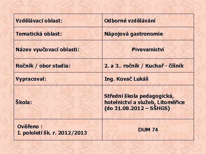 Vzdělávací oblast: Odborné vzdělávání Tematická oblast: Nápojová gastronomie Název vyučovací oblasti: Pivovarnictví Ročník /