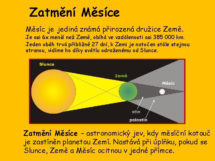 Zatmění Měsíce Měsíc je jediná známá přirozená družice Země. Je asi 6 x menší