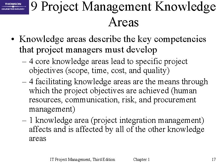 9 Project Management Knowledge Areas • Knowledge areas describe the key competencies that project 9 Project Management Knowledge Areas • Knowledge areas describe the key competencies that project