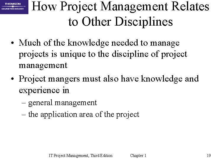 How Project Management Relates to Other Disciplines • Much of the knowledge needed to How Project Management Relates to Other Disciplines • Much of the knowledge needed to
