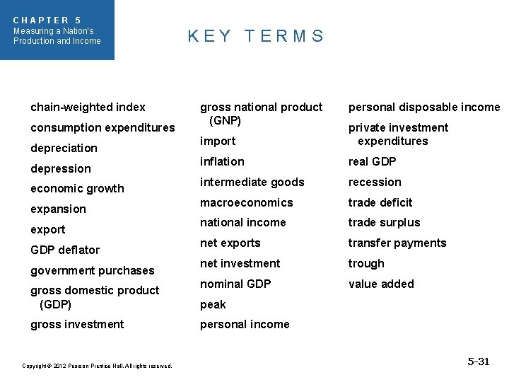 CHAPTER 5 Measuring a Nation’s Production and Income chain-weighted index consumption expenditures depreciation depression