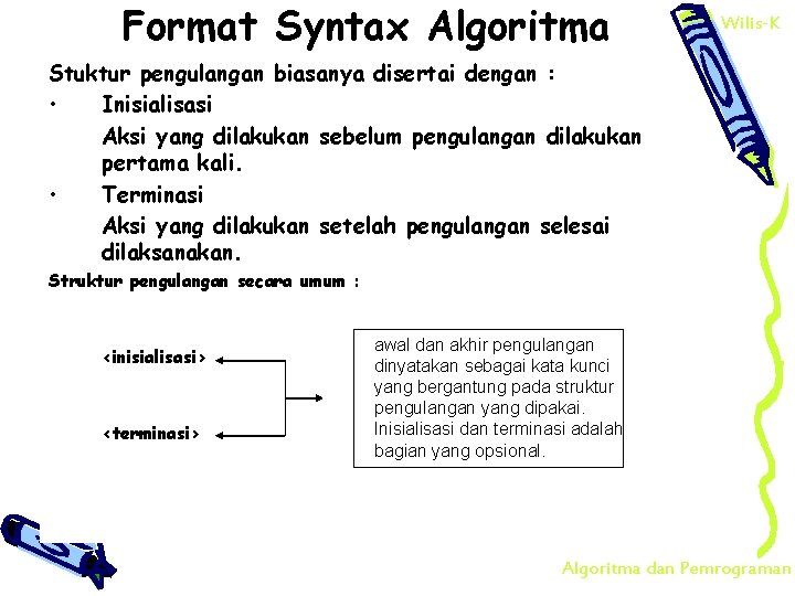 Format Syntax Algoritma Wilis-K Stuktur pengulangan biasanya disertai dengan : • Inisialisasi Aksi yang