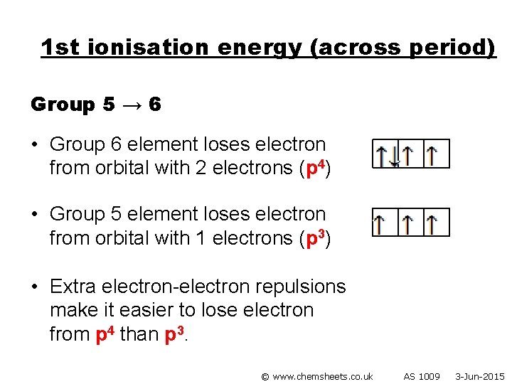 1 st ionisation energy (across period) Group 5 → 6 • Group 6 element