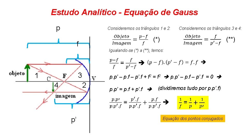 Estudo Analítico - Equação de Gauss p Consideremos os triângulos 1 e 2: Consideremos