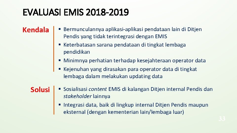 EVALUASI EMIS 2018 -2019 Kendala Solusi § Bermunculannya aplikasi-aplikasi pendataan lain di Ditjen Pendis