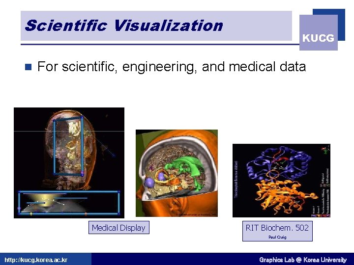 Scientific Visualization n KUCG For scientific, engineering, and medical data Medical Display RIT Biochem.