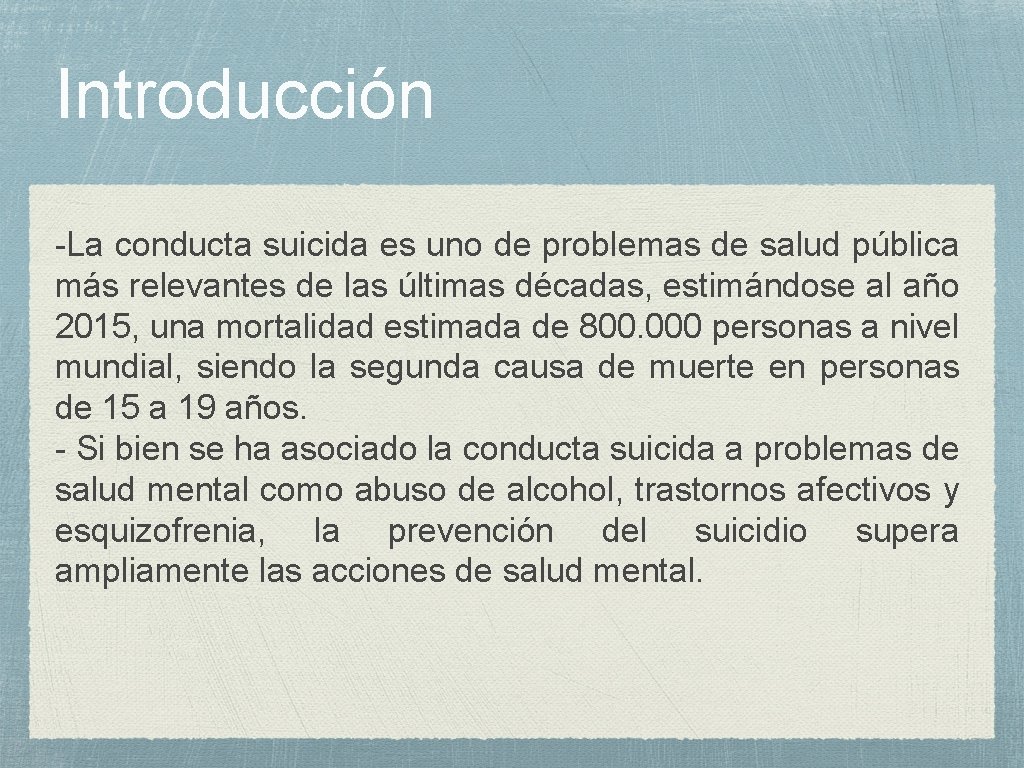 Introducción -La conducta suicida es uno de problemas de salud pública más relevantes de