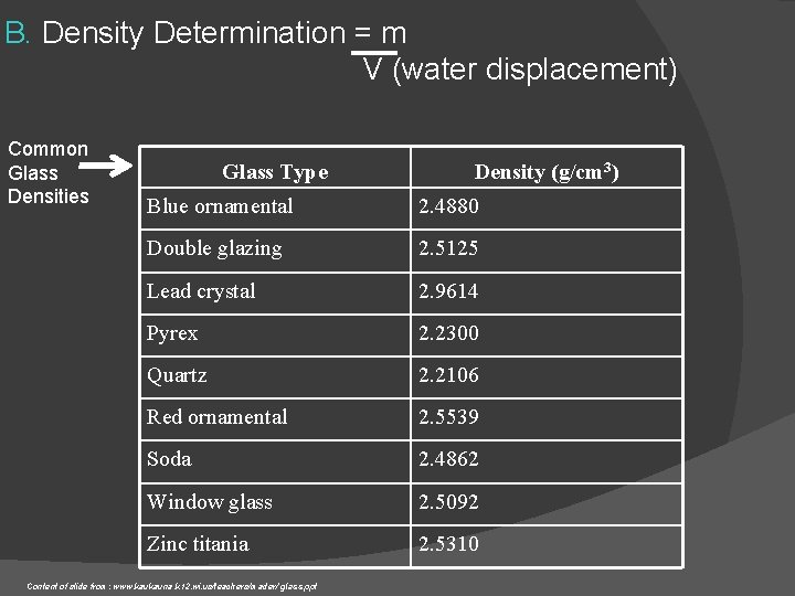 B. Density Determination = m V (water displacement) Common Glass Densities Glass Type Density B. Density Determination = m V (water displacement) Common Glass Densities Glass Type Density