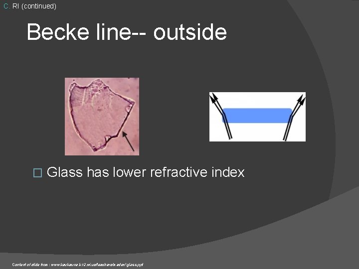 C. RI (continued) Becke line-- outside � Glass has lower refractive index Content of C. RI (continued) Becke line-- outside � Glass has lower refractive index Content of
