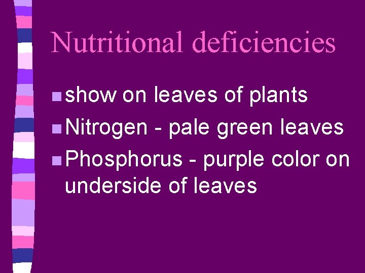 Nutritional deficiencies n show on leaves of plants n Nitrogen - pale green leaves