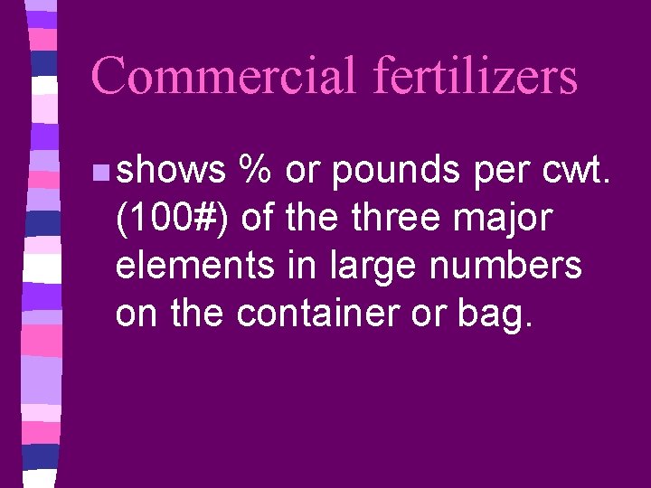 Commercial fertilizers n shows % or pounds per cwt. (100#) of the three major
