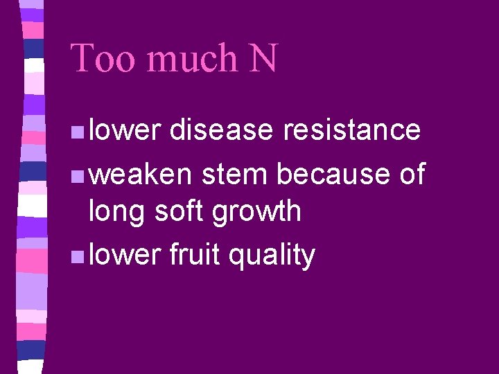 Too much N n lower disease resistance n weaken stem because of long soft