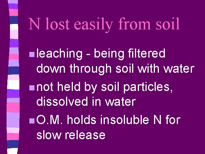 N lost easily from soil n leaching - being filtered down through soil with
