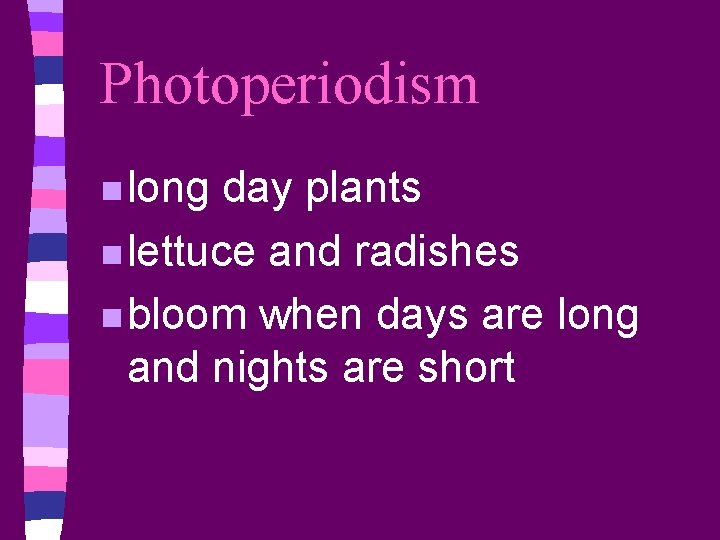 Photoperiodism n long day plants n lettuce and radishes n bloom when days are