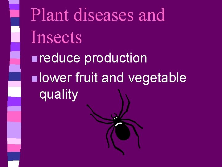 Plant diseases and Insects n reduce production n lower fruit and vegetable quality 