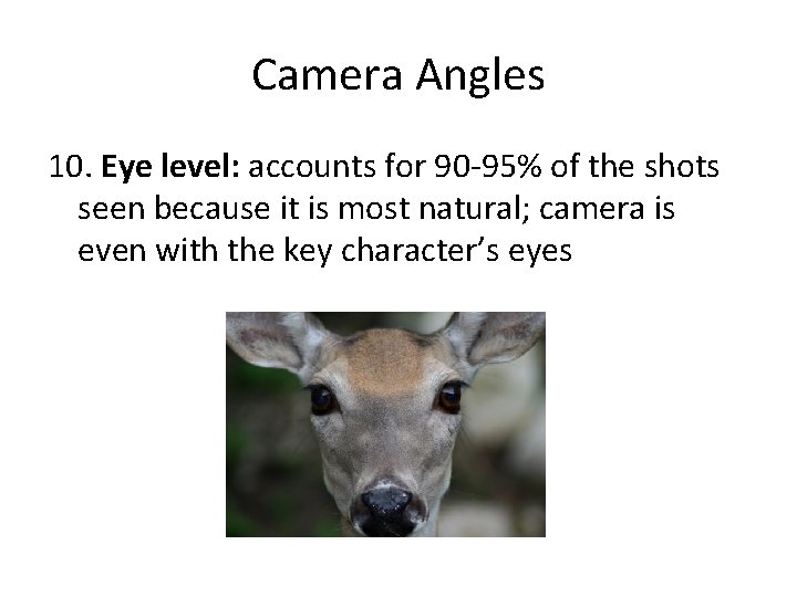 Camera Angles 10. Eye level: accounts for 90 -95% of the shots seen because