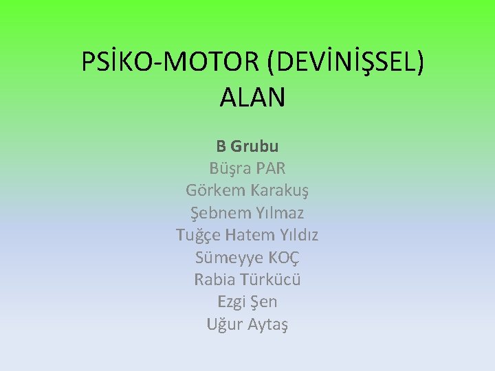PSİKO-MOTOR (DEVİNİŞSEL) ALAN B Grubu Büşra PAR Görkem Karakuş Şebnem Yılmaz Tuğçe Hatem Yıldız