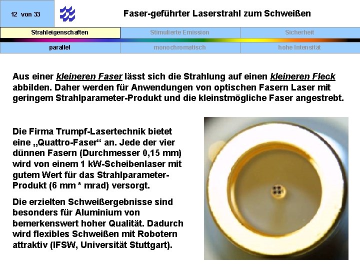 Faser-geführter Laserstrahl zum Schweißen 12 von 33 Strahleigenschaften Stimulierte Emission Sicherheit parallel monochromatisch hohe