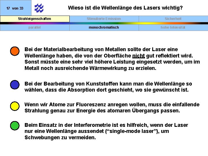 Wieso ist die Wellenlänge des Lasers wichtig? 17 von 33 Strahleigenschaften Stimulierte Emission Sicherheit