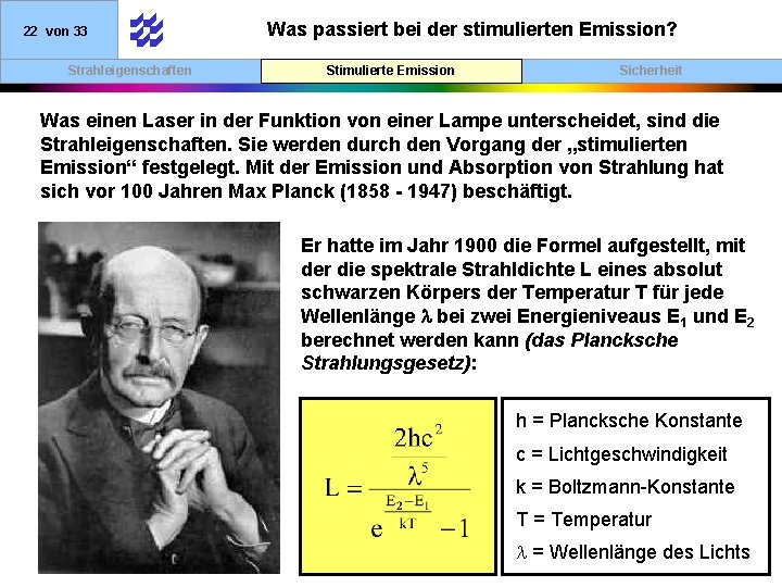 22 von 33 Strahleigenschaften Was passiert bei der stimulierten Emission? Stimulierte Emission Sicherheit Was