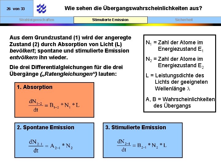 26 von 33 Wie sehen die Übergangswahrscheinlichkeiten aus? Strahleigenschaften Stimulierte Emission Aus dem Grundzustand