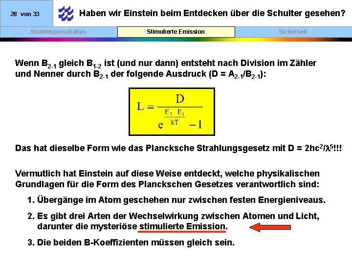 28 von 33 Haben wir Einstein beim Entdecken über die Schulter gesehen? Strahleigenschaften Stimulierte