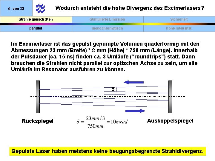 Wodurch entsteht die hohe Divergenz des Excimerlasers? 6 von 33 Strahleigenschaften Stimulierte Emission Sicherheit