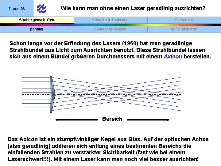 Wie kann man ohne einen Laser geradlinig ausrichten? 7 von 33 Strahleigenschaften Stimulierte Emission