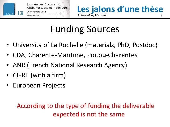 Les jalons d’une thèse Présentation / Discussion Funding Sources • • • University of