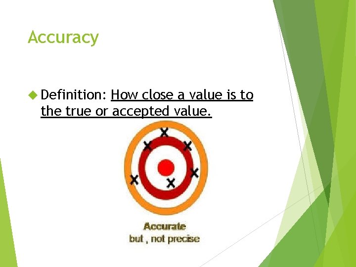 Accuracy Definition: How close a value is to the true or accepted value. 