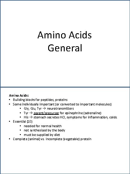 Amino Acids General Amino Acids: • Building blocks for peptides, proteins • Some individually