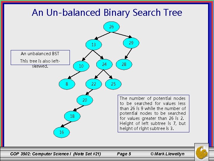 An Un-balanced Binary Search Tree 26 29 13 An unbalanced BST This tree is