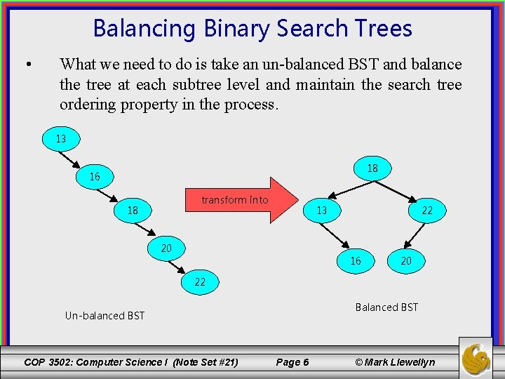 Balancing Binary Search Trees • What we need to do is take an un-balanced