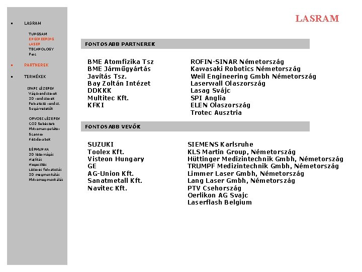  • LASRAM TUNGSAM ENGINEERING LASER TECHNOLOGY Piac • PARTNEREK • TERMÉKEK IPARI LÉZEREK