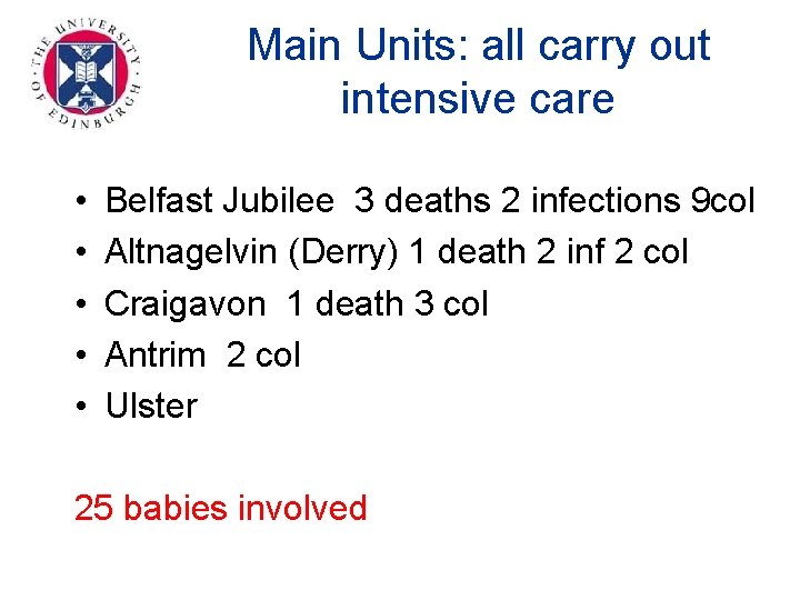 Main Units: all carry out intensive care • • • Belfast Jubilee 3 deaths