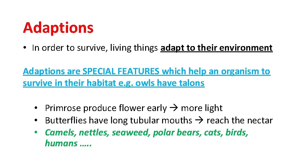 Adaptions • In order to survive, living things adapt to their environment Adaptions are