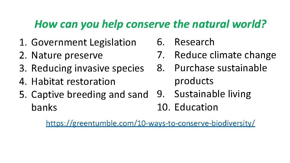 How can you help conserve the natural world? 1. 2. 3. 4. 5. Government