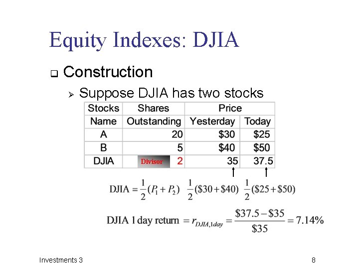 Equity Indexes: DJIA q Construction Ø Suppose DJIA has two stocks Divisor Investments 3