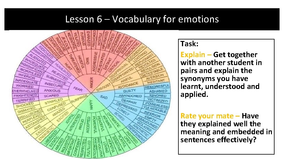 Lesson 6 – Vocabulary for emotions Task: Explain – Get together with another student Lesson 6 – Vocabulary for emotions Task: Explain – Get together with another student