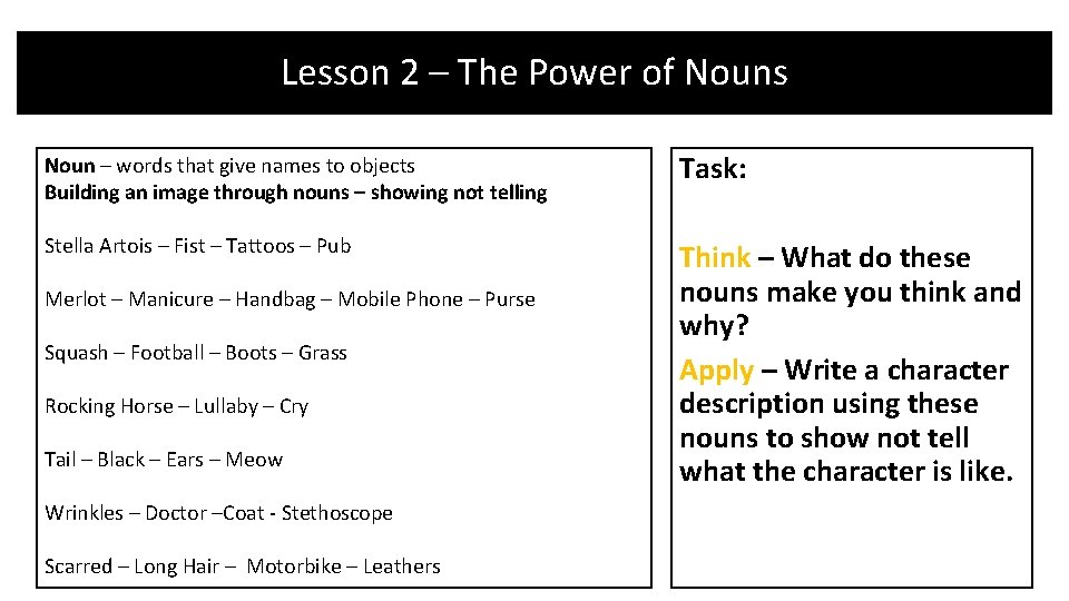 Lesson 2 – The Power of Nouns Noun – words that give names to Lesson 2 – The Power of Nouns Noun – words that give names to