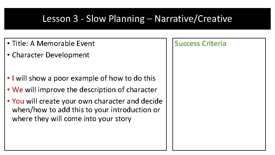 Lesson 3 - Slow Planning – Narrative/Creative • Title: A Memorable Event • Character Lesson 3 - Slow Planning – Narrative/Creative • Title: A Memorable Event • Character