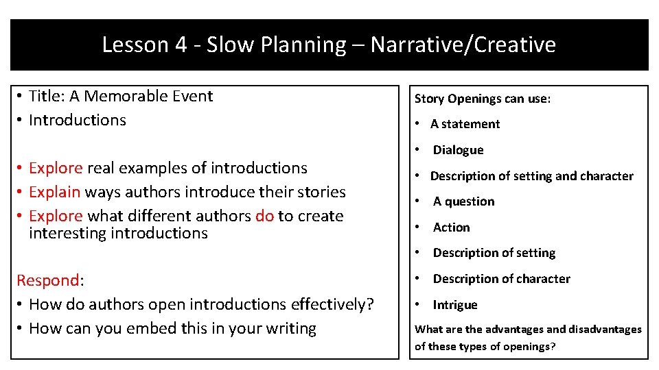 Lesson 4 - Slow Planning – Narrative/Creative • Title: A Memorable Event • Introductions Lesson 4 - Slow Planning – Narrative/Creative • Title: A Memorable Event • Introductions
