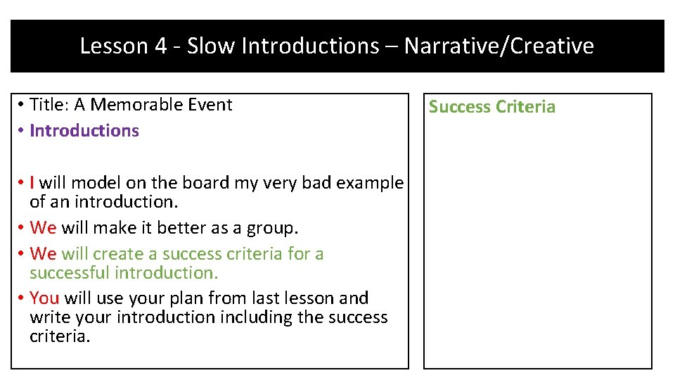 Lesson 4 - Slow Introductions – Narrative/Creative • Title: A Memorable Event • Introductions Lesson 4 - Slow Introductions – Narrative/Creative • Title: A Memorable Event • Introductions
