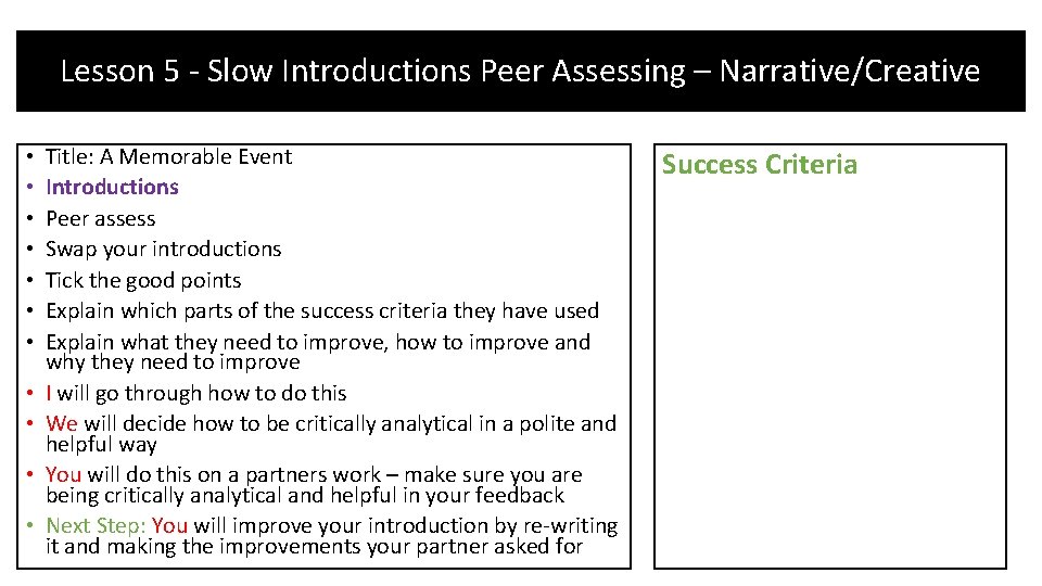 Lesson 5 - Slow Introductions Peer Assessing – Narrative/Creative • • • Title: A Lesson 5 - Slow Introductions Peer Assessing – Narrative/Creative • • • Title: A