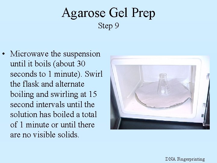 Agarose Gel Prep Step 9 • Microwave the suspension until it boils (about 30