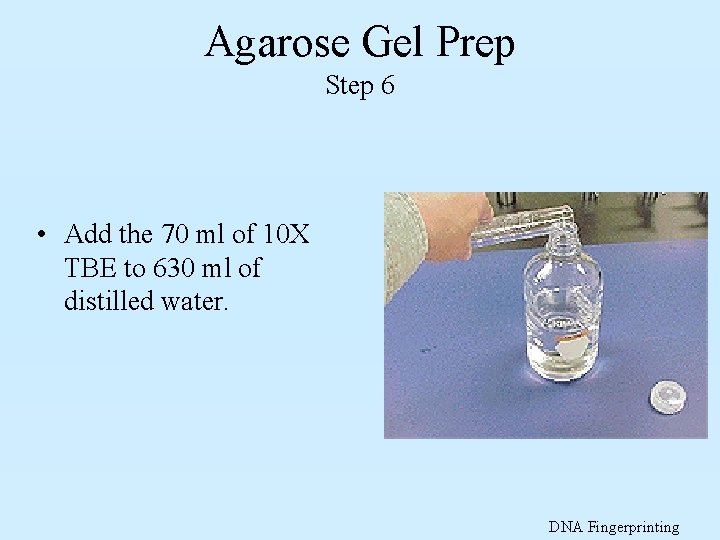 Agarose Gel Prep Step 6 • Add the 70 ml of 10 X TBE